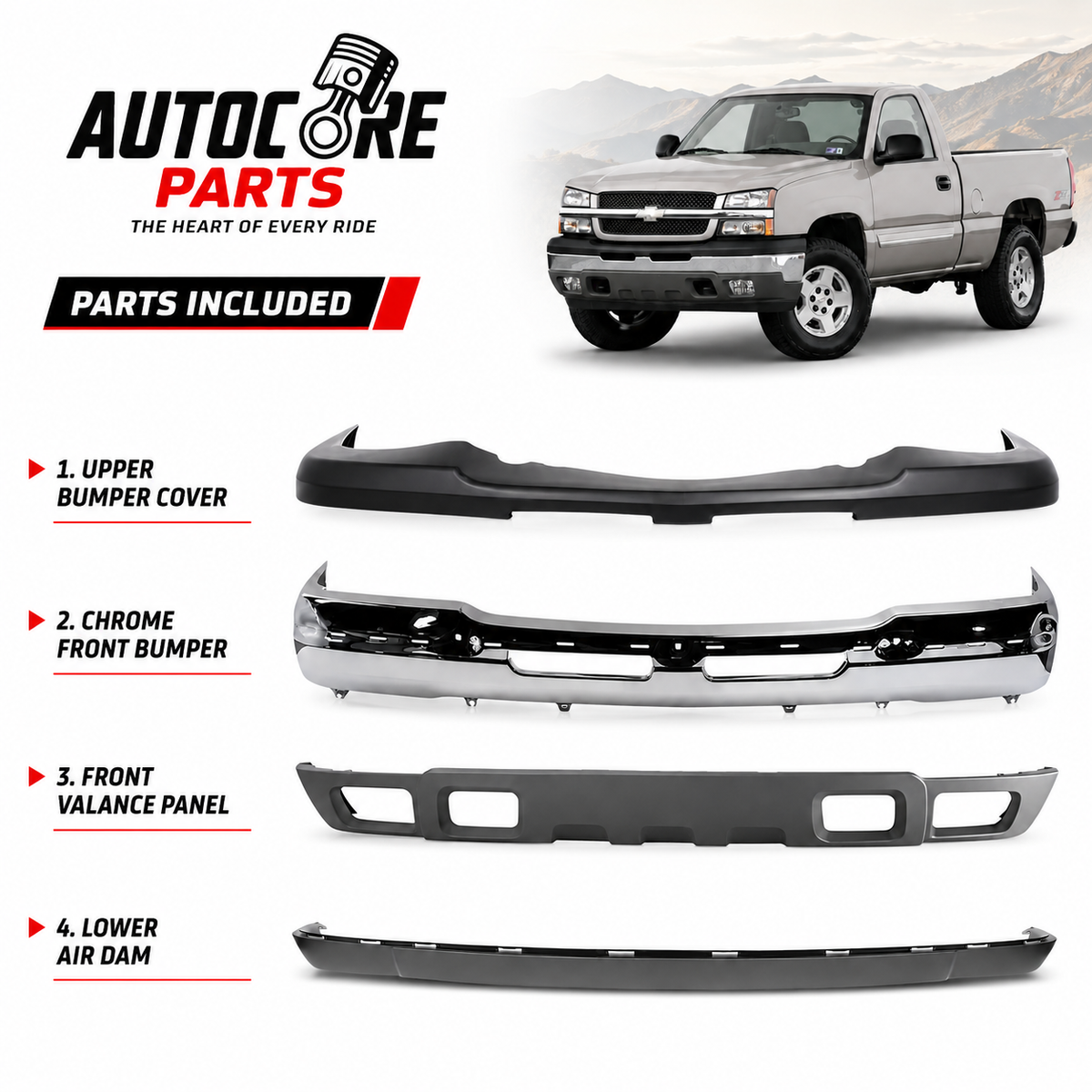 AutoCore Parts Front Front Bumper Chrome + Upper Cover + Lower Valance + Extension Textured Compatible With 2003-2006 Chevrolet Silverado 1500 | Direct Replacement | GM1051110 GM1002416 GM1092200