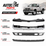 AutoCore Parts Front Front Bumper Chrome + Upper Cover + Lower Valance + Extension Textured Compatible With 2003-2006 Chevrolet Silverado 1500 | Direct Replacement | GM1051110 GM1002416 GM1092200