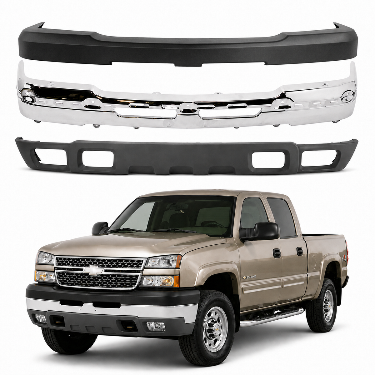 AutoCore Parts Front Bumper Chrome + Upper Cover + Lower Valance with Fog Light Holes Textured Compatible with 2003-2006 Chevrolet Silverado 2500HD 3500 | Direct Replacement | GM1051109 GM1002416