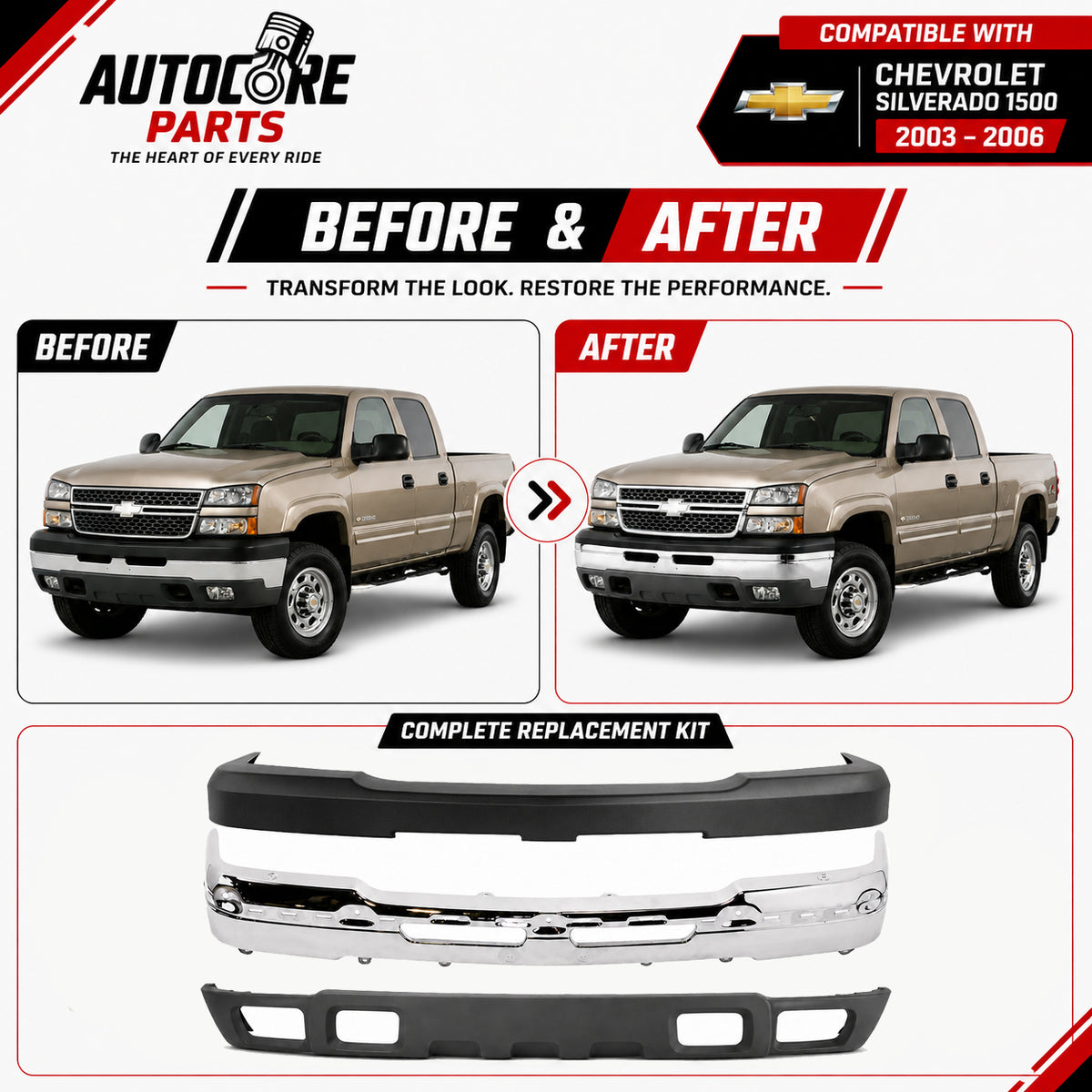 AutoCore Parts Front Bumper Chrome + Upper Cover + Lower Valance with Fog Light Holes Textured Compatible with 2003-2006 Chevrolet Silverado 2500HD 3500 | Direct Replacement | GM1051109 GM1002416