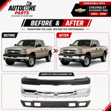 AutoCore Parts Front Bumper Chrome + Upper Cover + Lower Valance with Fog Light Holes Textured Compatible with 2003-2006 Chevrolet Silverado 2500HD 3500 | Direct Replacement | GM1051109 GM1002416