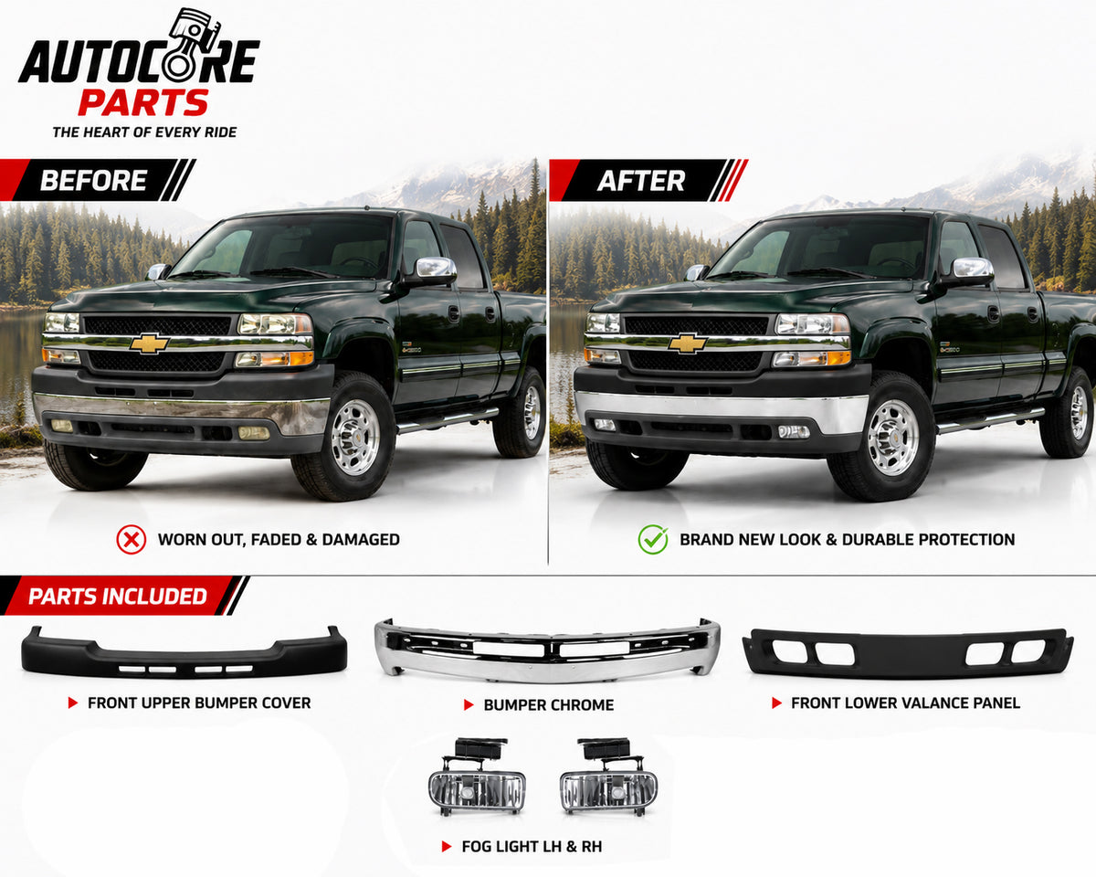 AutoCore Parts Front Bumper Chrome + Upper Cover + Lower Valance + Fog Lights Compatible With 1999-2002 Chevrolet Silverado 2500HD 3500 | Direct Replacement | GM1002376 GM1051106 GM1092167 GM2593113