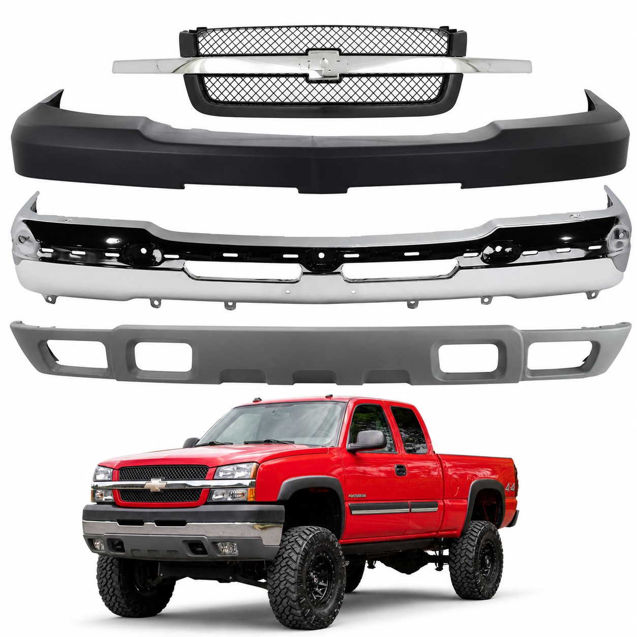 AutoCore Parts Front Front Bumper Chrome + Grille + Upper Cover + Lower Valance Textured Compatible With 2003-2006 Chevrolet Silverado 2500HD 3500 | Direct Replacement | GM1200489 GM1002416