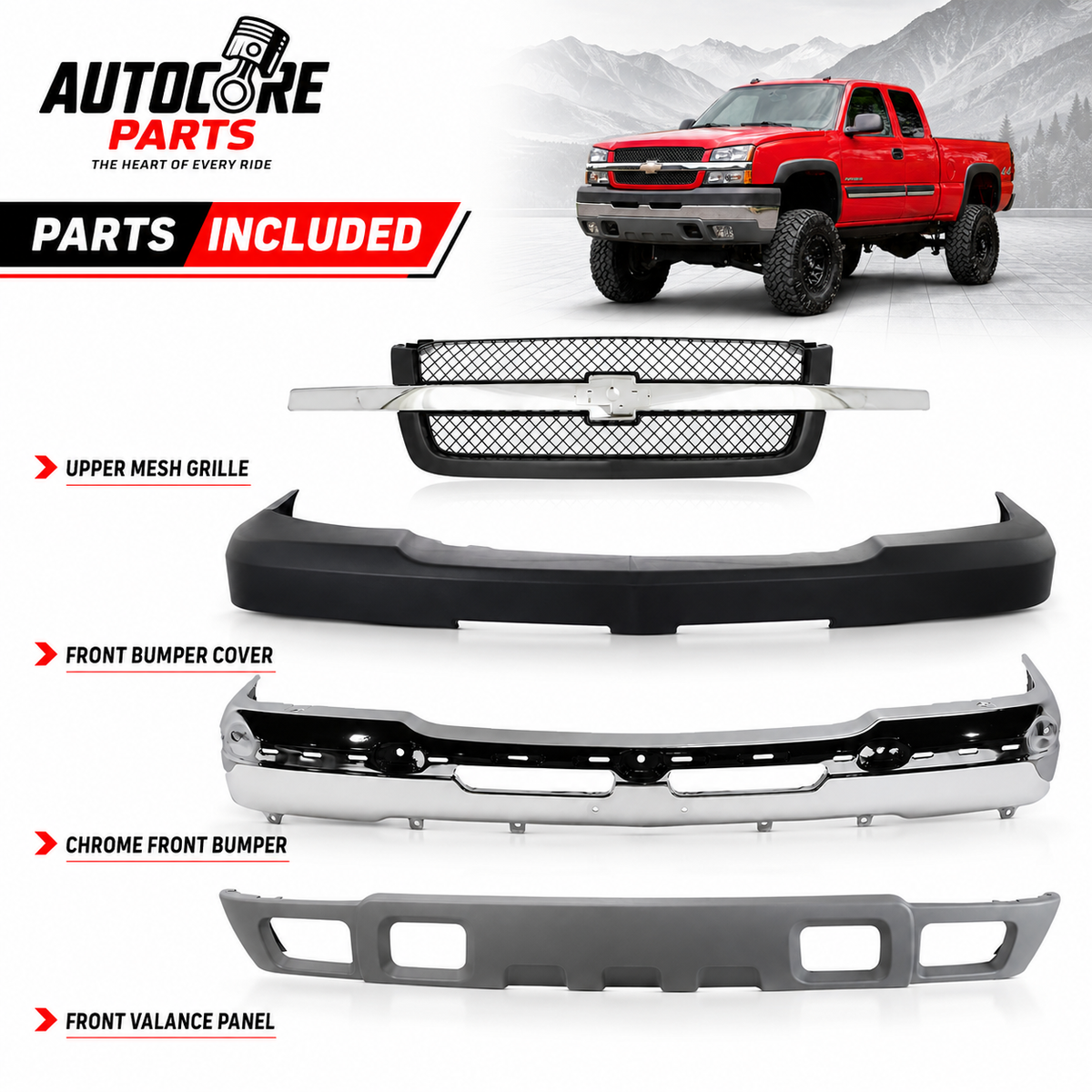 AutoCore Parts Front Front Bumper Chrome + Grille + Upper Cover + Lower Valance Textured Compatible With 2003-2006 Chevrolet Silverado 2500HD 3500 | Direct Replacement | GM1200489 GM1002416