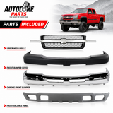 AutoCore Parts Front Front Bumper Chrome + Grille + Upper Cover + Lower Valance Textured Compatible With 2003-2006 Chevrolet Silverado 2500HD 3500 | Direct Replacement | GM1200489 GM1002416