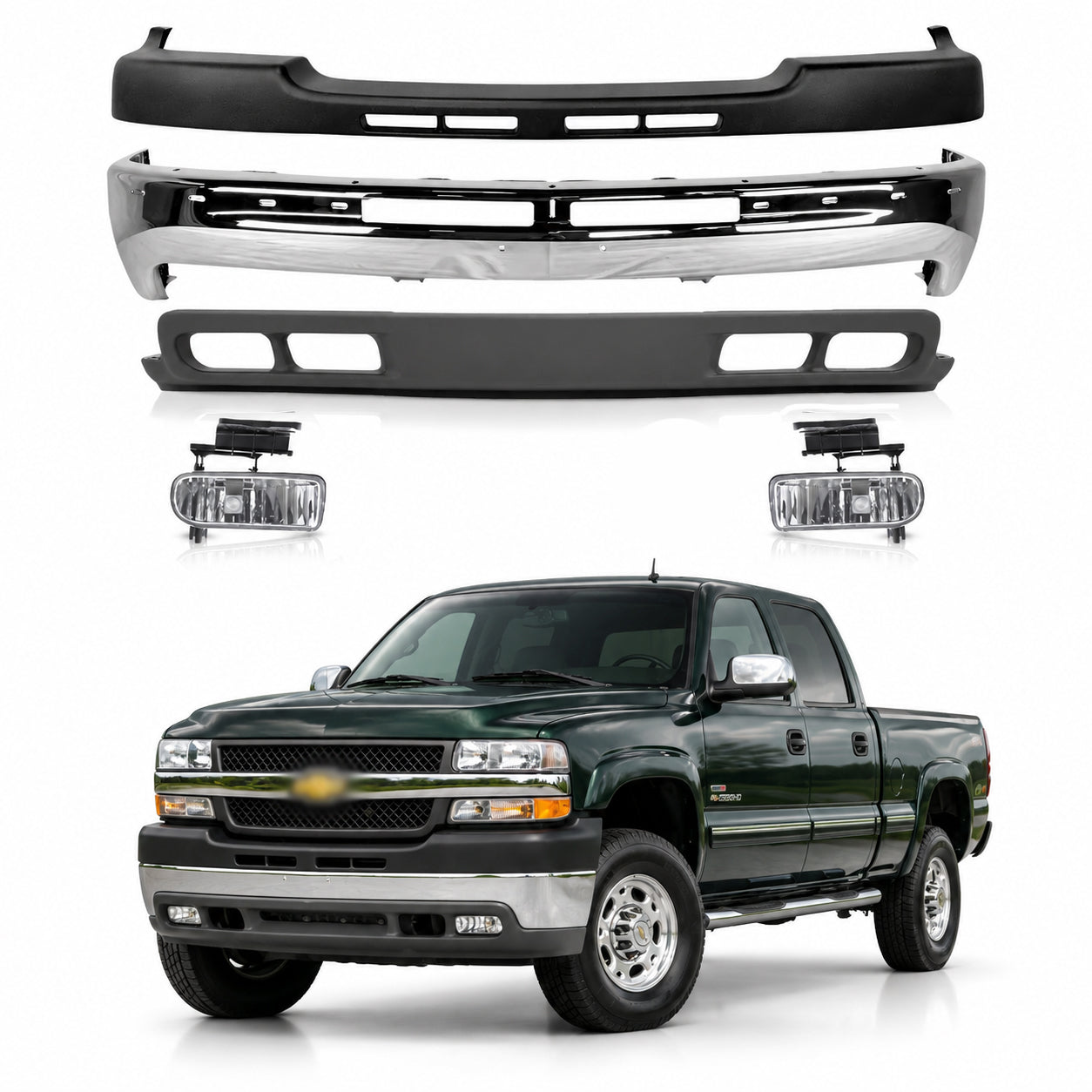 AutoCore Parts Front Bumper Chrome + Upper Cover + Lower Valance + Fog Lights Compatible With 1999-2002 Chevrolet Silverado 2500HD 3500 | Direct Replacement | GM1002376 GM1051106 GM1092167 GM2593113