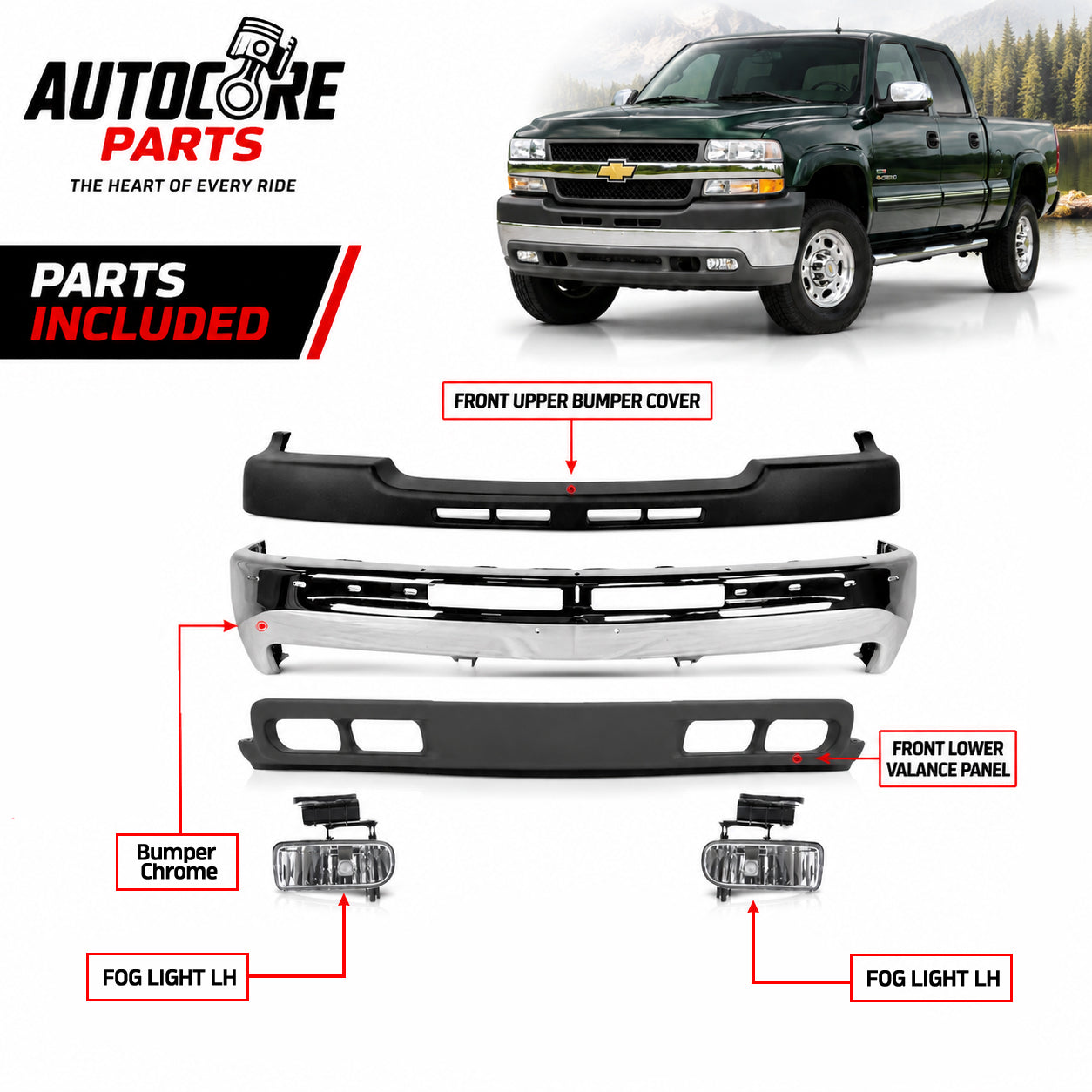 AutoCore Parts Front Bumper Chrome + Upper Cover + Lower Valance + Fog Lights Compatible With 1999-2002 Chevrolet Silverado 2500HD 3500 | Direct Replacement | GM1002376 GM1051106 GM1092167 GM2593113
