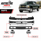 AutoCore Parts Front Bumper Chrome + Upper Cover + Lower Valance + Fog Lights Compatible With 1999-2002 Chevrolet Silverado 2500HD 3500 | Direct Replacement | GM1002376 GM1051106 GM1092167 GM2593113