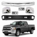 AutoCore Parts Front Bumper Chrome + Lower Valance Textured + End Caps + Fog Lights Right & Left Side for Chevrolet Silverado 2500HD 3500HD 2007-2010 | Direct Replacement