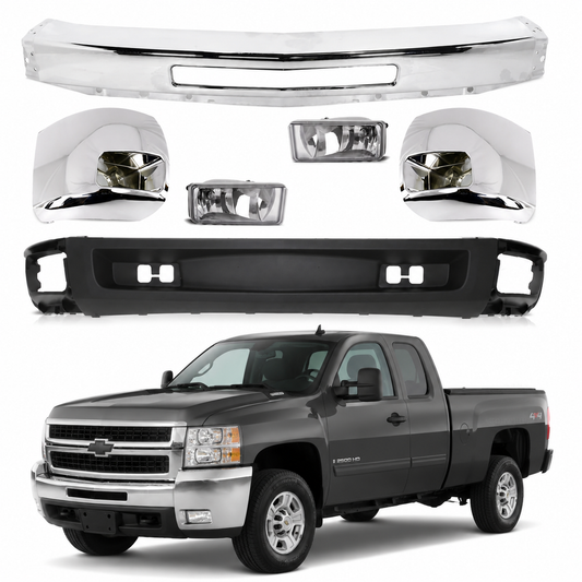 AutoCore Parts Front Bumper Chrome + Lower Valance Textured + End Caps + Fog Lights Right & Left Side for Chevrolet Silverado 2500HD 3500HD 2007-2010 | Direct Replacement