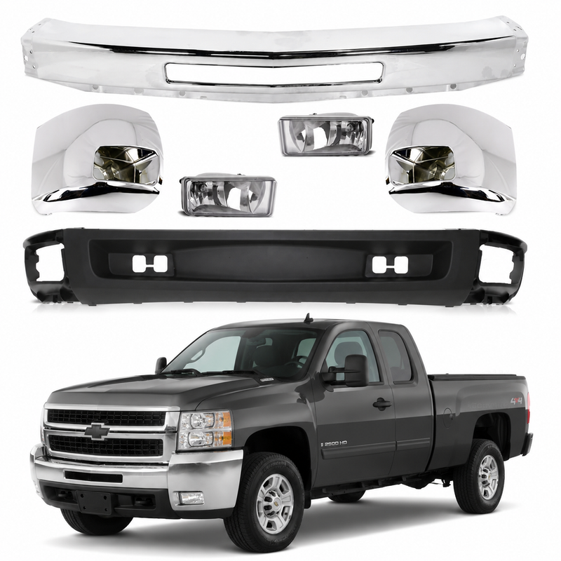 AutoCore Parts Front Bumper Chrome + Lower Valance Textured + End Caps + Fog Lights Right & Left Side for Chevrolet Silverado 2500HD 3500HD 2007-2010 | Direct Replacement