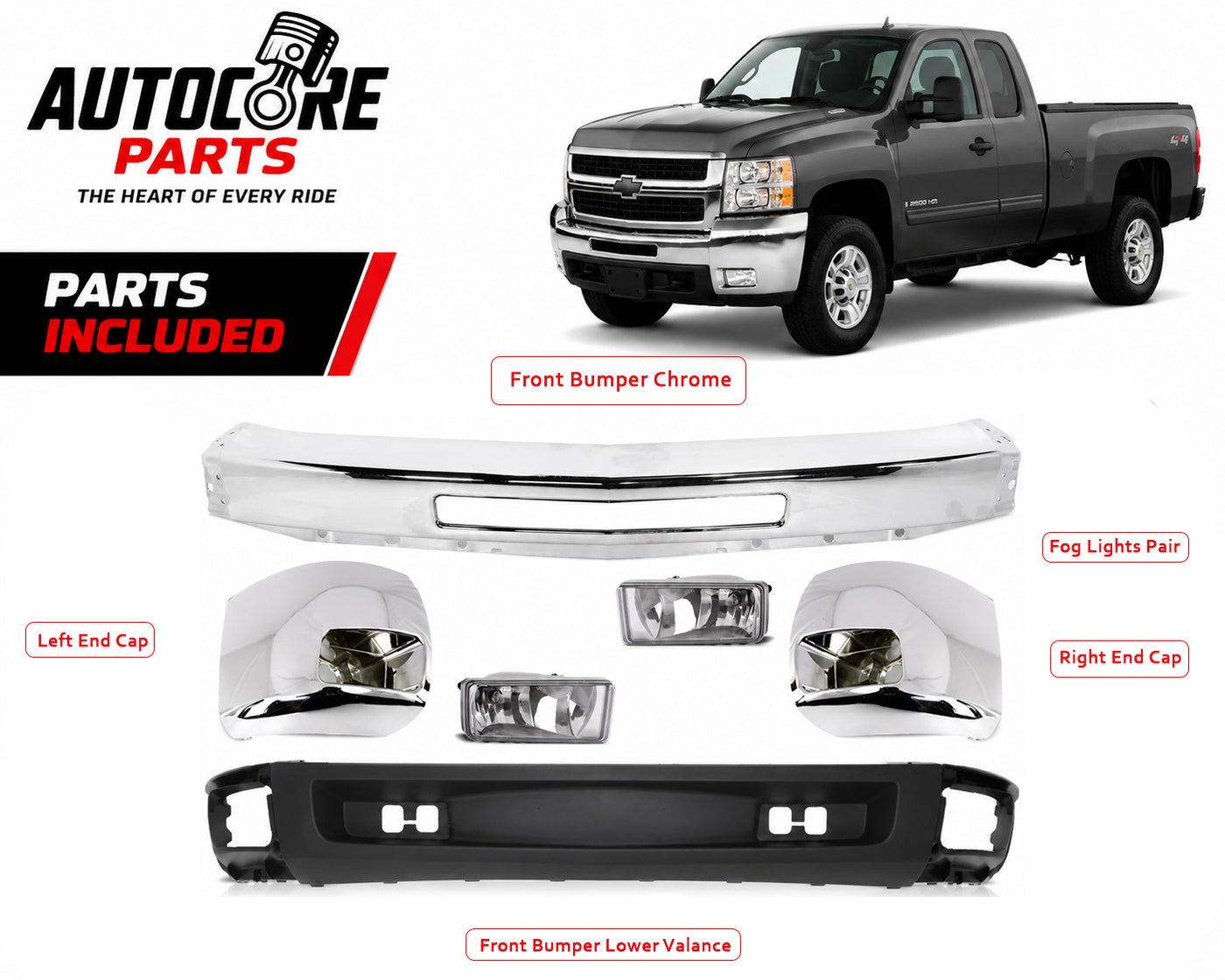 AutoCore Parts Front Bumper Chrome + Lower Valance Textured + End Caps + Fog Lights Right & Left Side for Chevrolet Silverado 2500HD 3500HD 2007-2010 | Direct Replacement