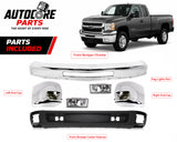 AutoCore Parts Front Bumper Chrome + Lower Valance Textured + End Caps + Fog Lights Right & Left Side for Chevrolet Silverado 2500HD 3500HD 2007-2010 | Direct Replacement