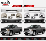 AutoCore Parts Front Bumper Chrome + Lower Valance Textured + End Caps + Fog Lights Right & Left Side for Chevrolet Silverado 2500HD 3500HD 2007-2010 | Direct Replacement