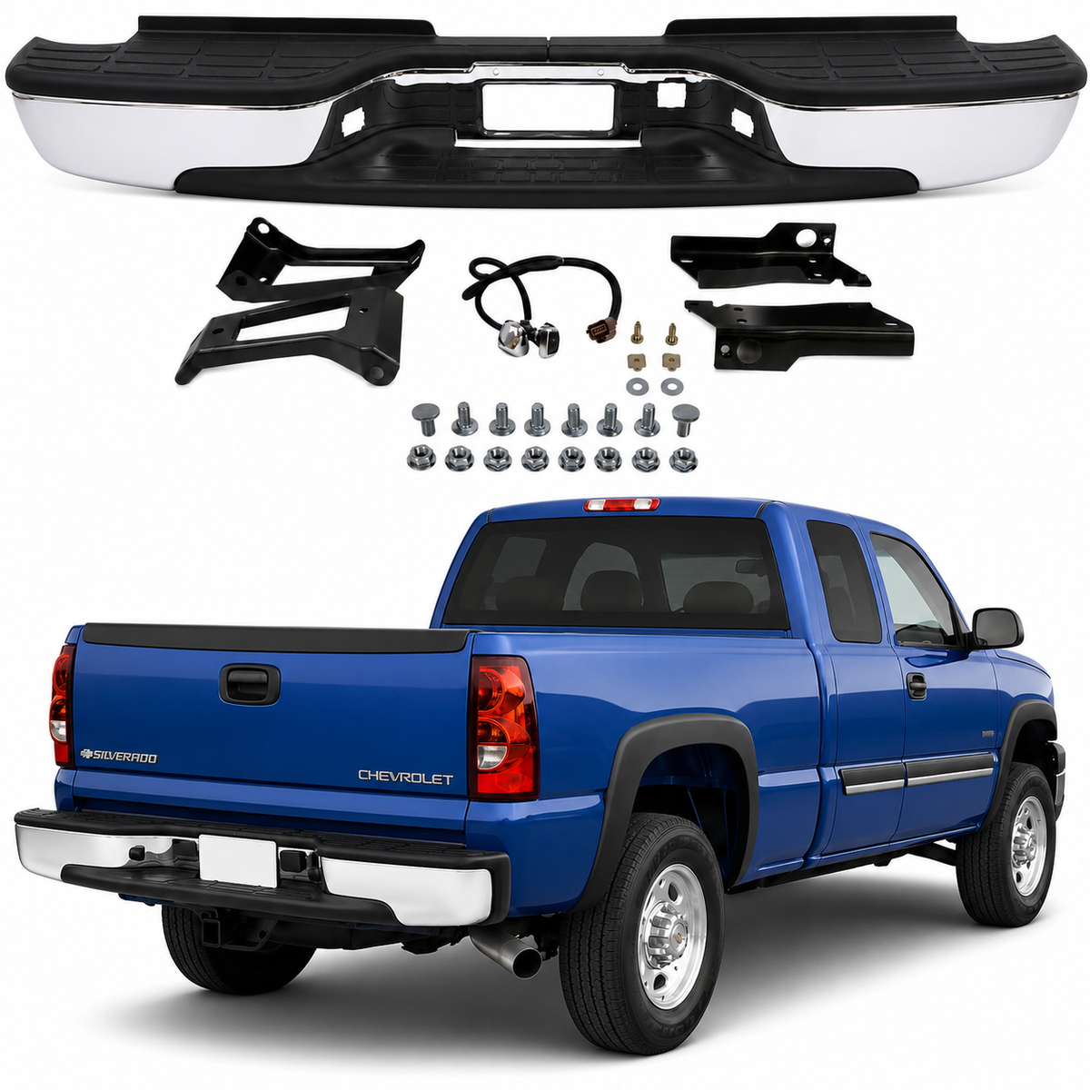 AutoCore Parts - Rear Step Bumper Chrome Steel Assembly Direct Replacement Compatible With 1999-2006 Chevrolet Silverado | GMC Sierra 2500HD 3500 | 12473000 GM1103129