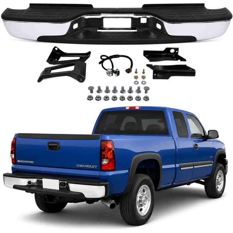 AutoCore Parts - Rear Step Bumper Chrome Steel Assembly Direct Replacement Compatible With 1999-2006 Chevrolet Silverado | GMC Sierra 2500HD 3500 | 12473000 GM1103129