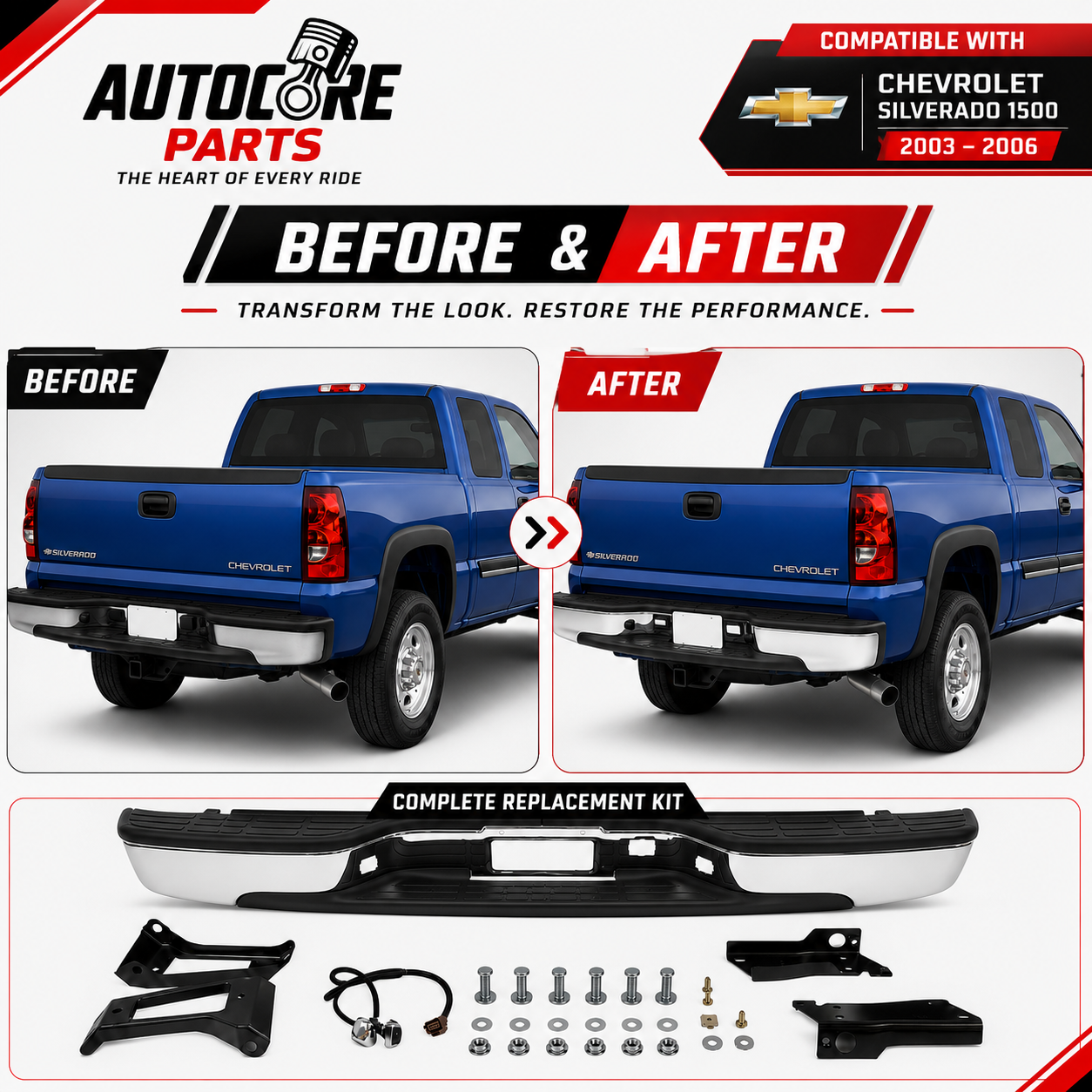 AutoCore Parts - Rear Step Bumper Chrome Steel Assembly Direct Replacement Compatible With 1999-2006 Chevrolet Silverado | GMC Sierra 2500HD 3500 | 12473000 GM1103129