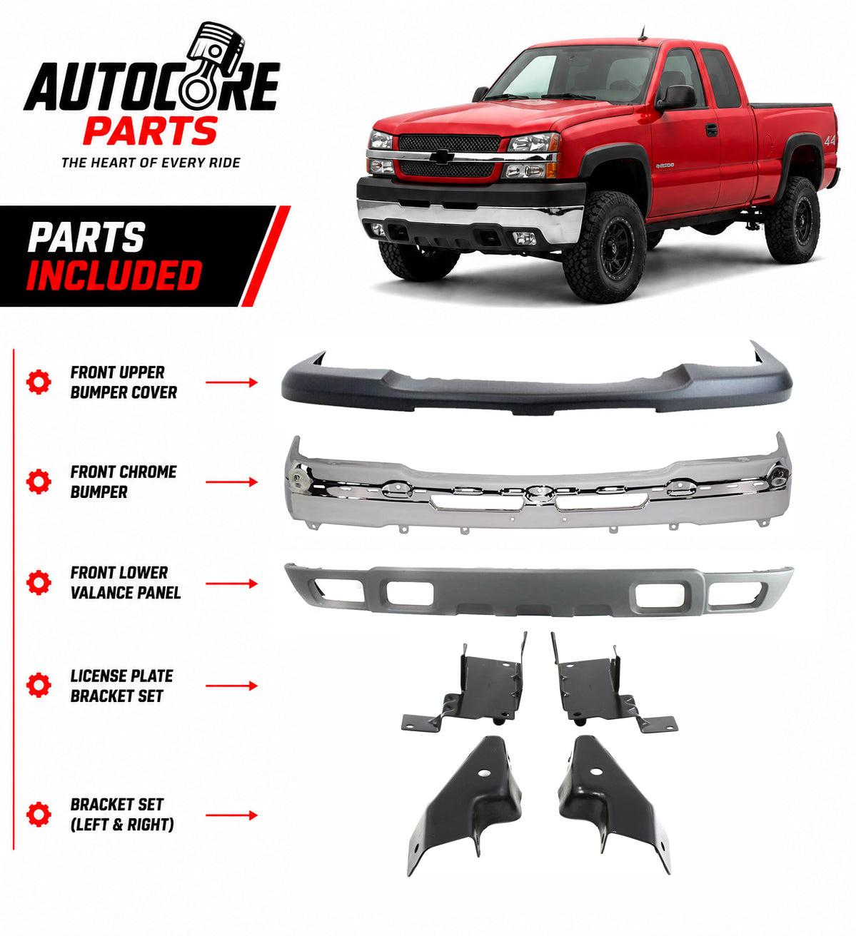AutoCore Parts Front Bumper Chrome + Upper Cover + Lower Valance + Brackets Set 4 Piece Compatible With 2003-2006 Chevrolet Silverado 2500HD 3500 | Direct Replacement | GM1002416