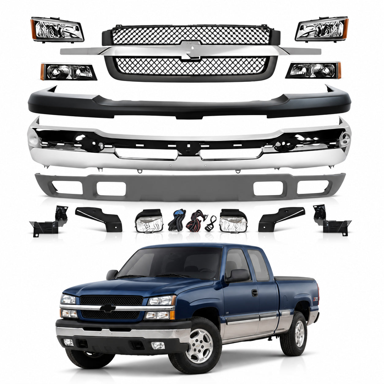 AutoCore Parts Front Bumper Chrome + Grille + Upper Cover + Lower Valance + Brackets + Headlights + Fog Lamps Left & Right Compatible With 2003-2006 Chevy Silverado 1500 | Direct Replacement GM1002416