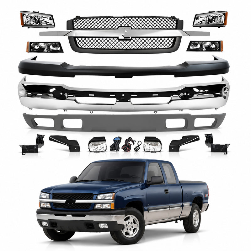 AutoCore Parts Front Bumper Chrome + Grille + Upper Cover + Lower Valance + Brackets + Headlights + Fog Lamps Left & Right Compatible With 2003-2006 Chevy Silverado 1500 | Direct Replacement GM1002416