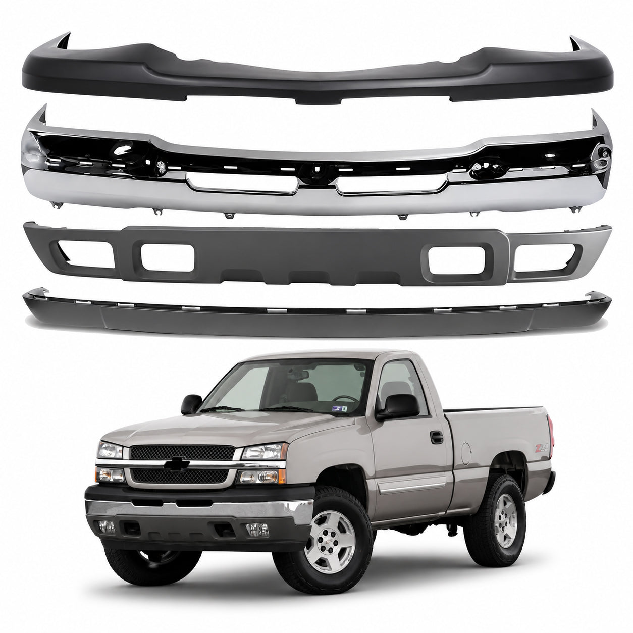 AutoCore Parts Front Front Bumper Chrome + Upper Cover + Lower Valance + Extension Textured Compatible With 2003-2006 Chevrolet Silverado 1500 | Direct Replacement | GM1051110 GM1002416 GM1092200